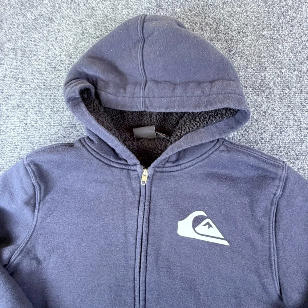 Quicksilver Hoodie Boys M 10/12 Blue Cotton Sherpa Lined Printed Logo Full‎ Zip